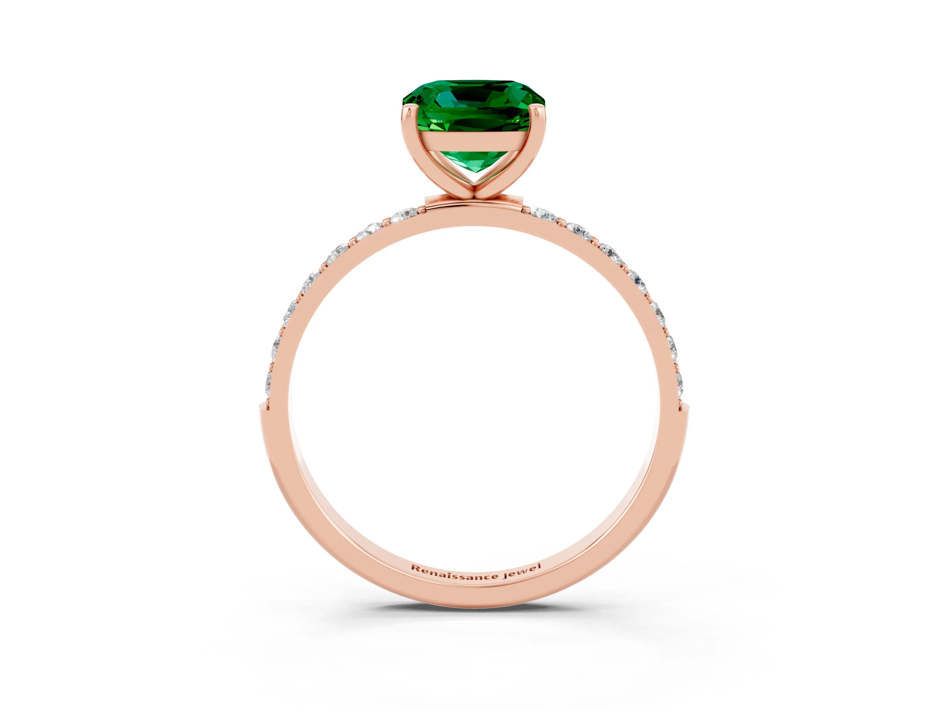 Rose gold Cushion Cut Emerald Solitaire Ring with Pave Band and Four Prong Setting_27
