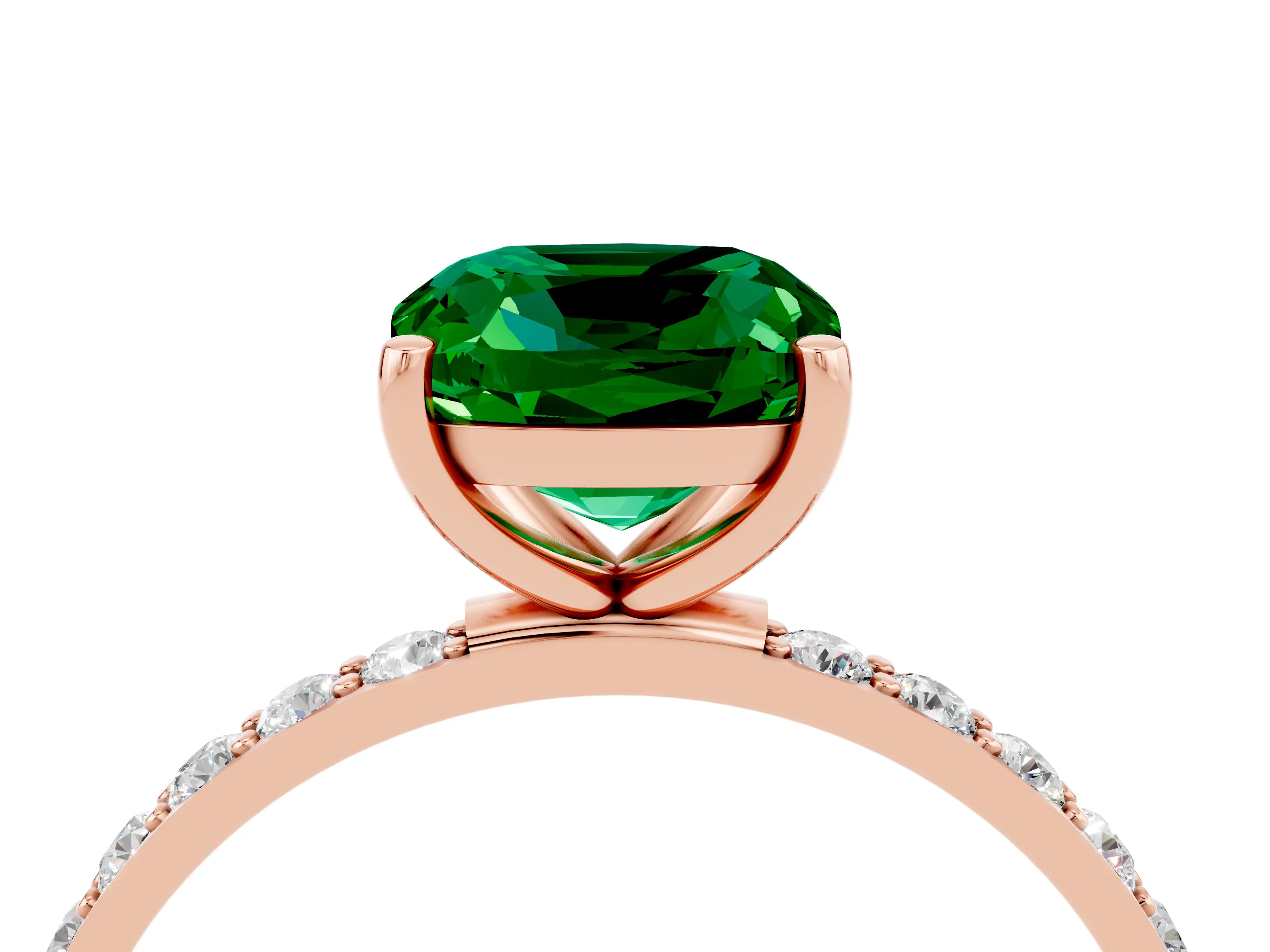 Rose gold Cushion Cut Emerald Solitaire Ring with Pave Band and Four Prong Setting_28