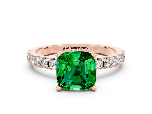Rose gold Cushion Cut Emerald Solitaire Ring with Round  Pavé Band and Four-Prong Setting