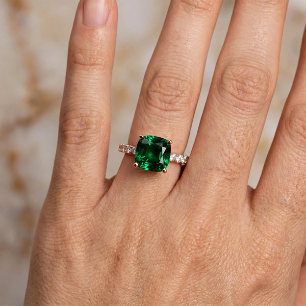 Rose gold Cushion Cut Emerald Solitaire Ring with Round  Pavé Band and Four-Prong Setting