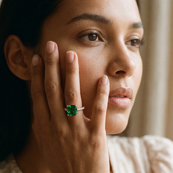 Rose gold Cushion Cut Emerald Solitaire Ring with Round  Pavé Band and Four-Prong Setting