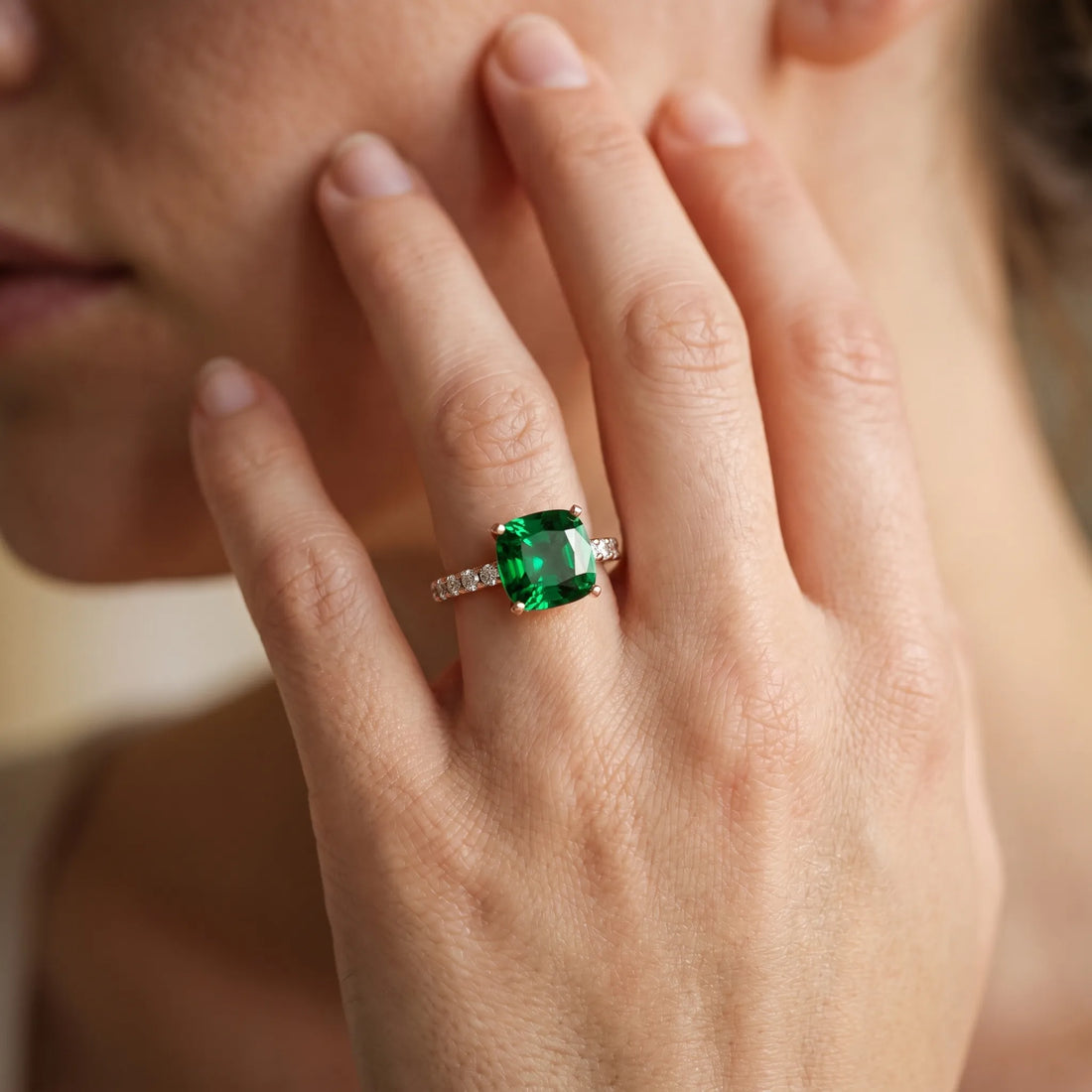 Rose gold Cushion Cut Emerald Solitaire Ring with Round  Pavé Band and Four-Prong Setting_44