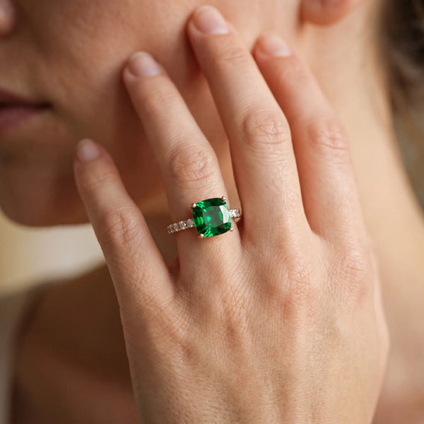 Rose gold Cushion Cut Emerald Solitaire Ring with Round  Pavé Band and Four-Prong Setting