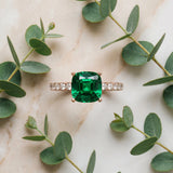 Rose gold Cushion Cut Emerald Solitaire Ring with Round  Pavé Band and Four-Prong Setting_45