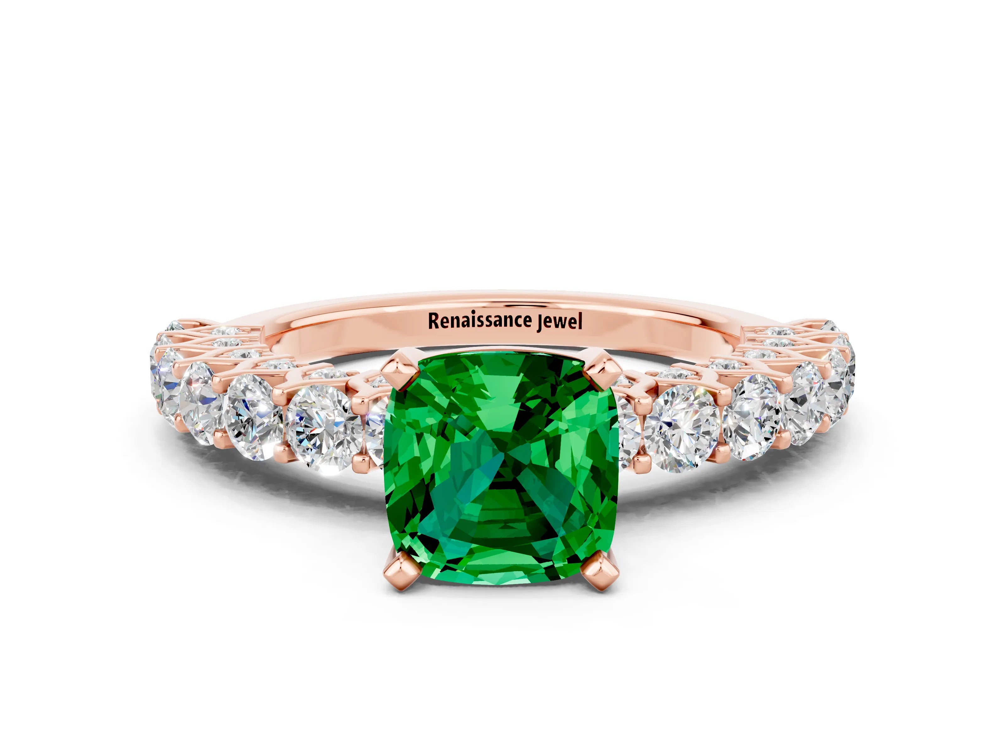 Rose gold Cushion Cut Emerald Solitaire Ring with Shared Prong Pavé Band and Four-Prong Setting