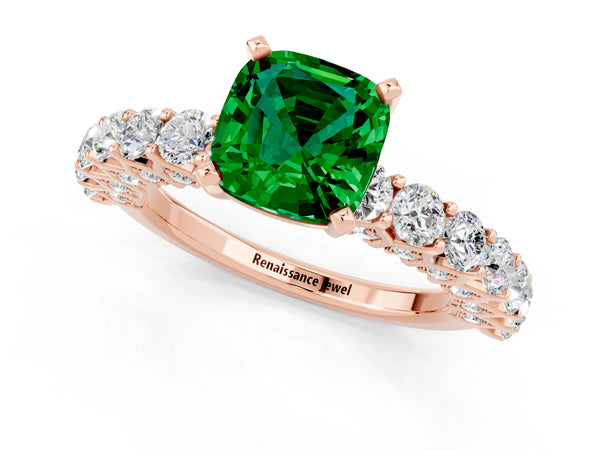 Rose gold Cushion Cut Emerald Solitaire Ring with Shared Prong Pavé Band and Four-Prong Setting