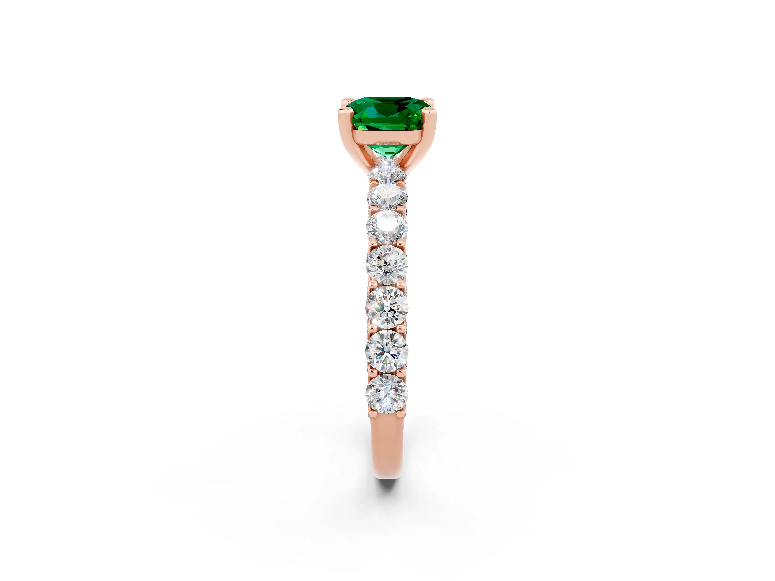 Rose gold Cushion Cut Emerald Solitaire Ring with Shared Prong Pavé Band and Four-Prong Setting_2