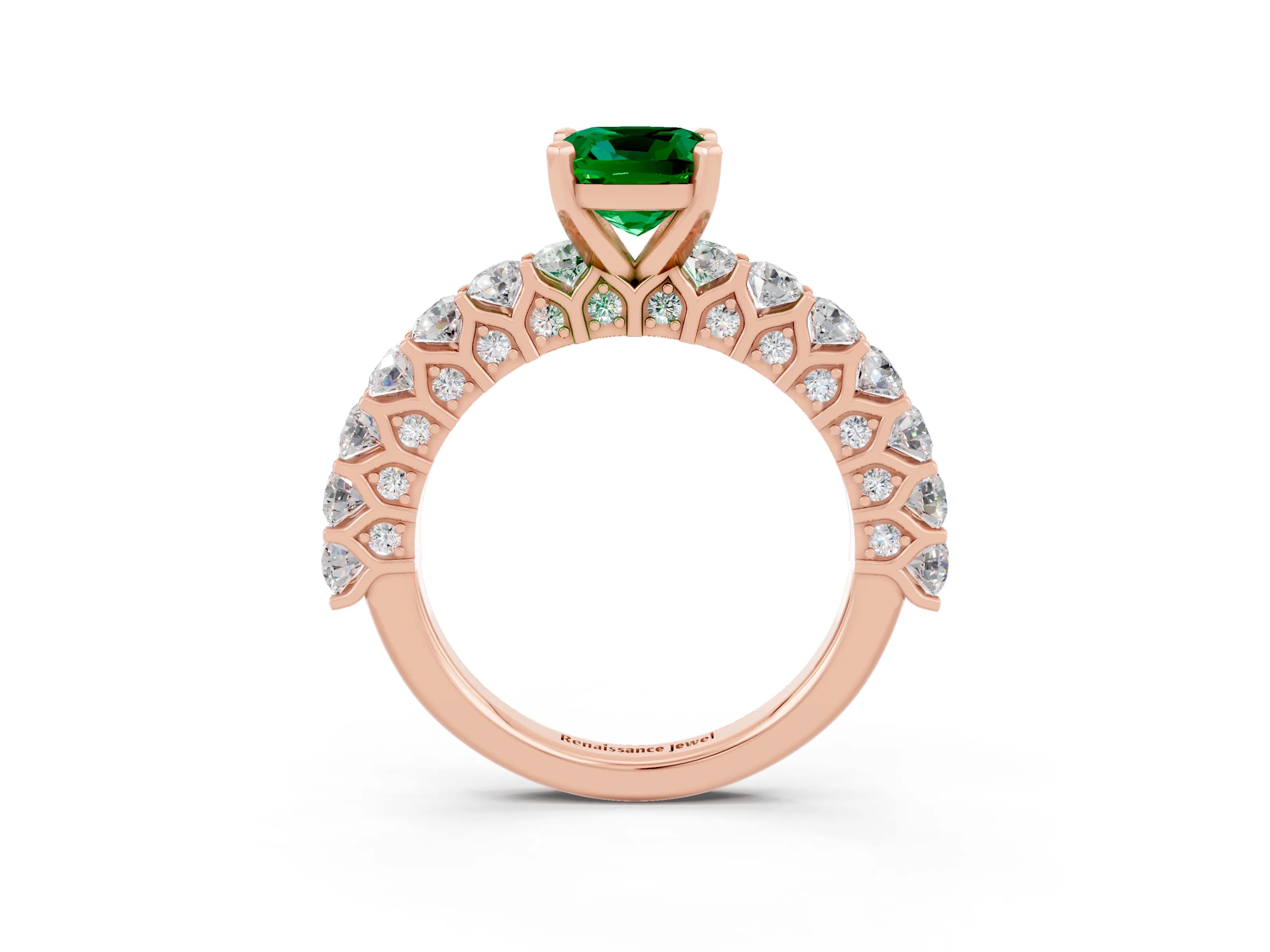 Rose gold Cushion Cut Emerald Solitaire Ring with Shared Prong Pavé Band and Four-Prong Setting_3