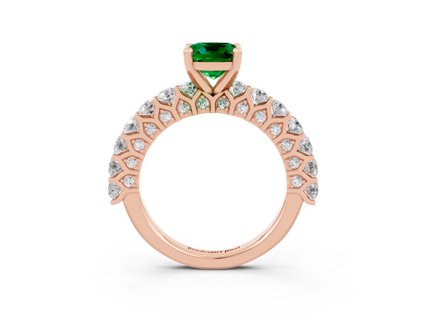 Rose gold Cushion Cut Emerald Solitaire Ring with Shared Prong Pavé Band and Four-Prong Setting