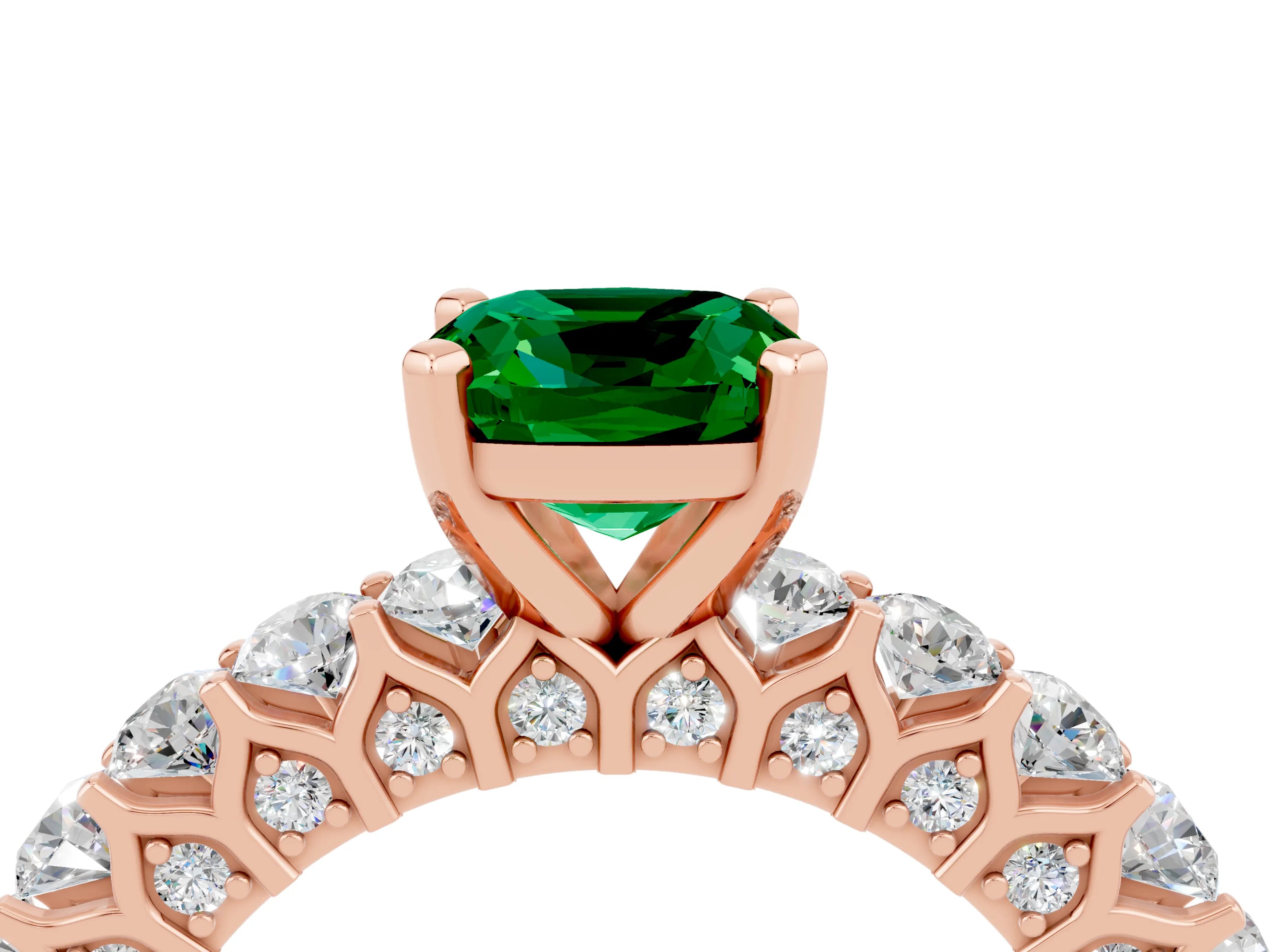 Rose gold Cushion Cut Emerald Solitaire Ring with Shared Prong Pavé Band and Four-Prong Setting_4