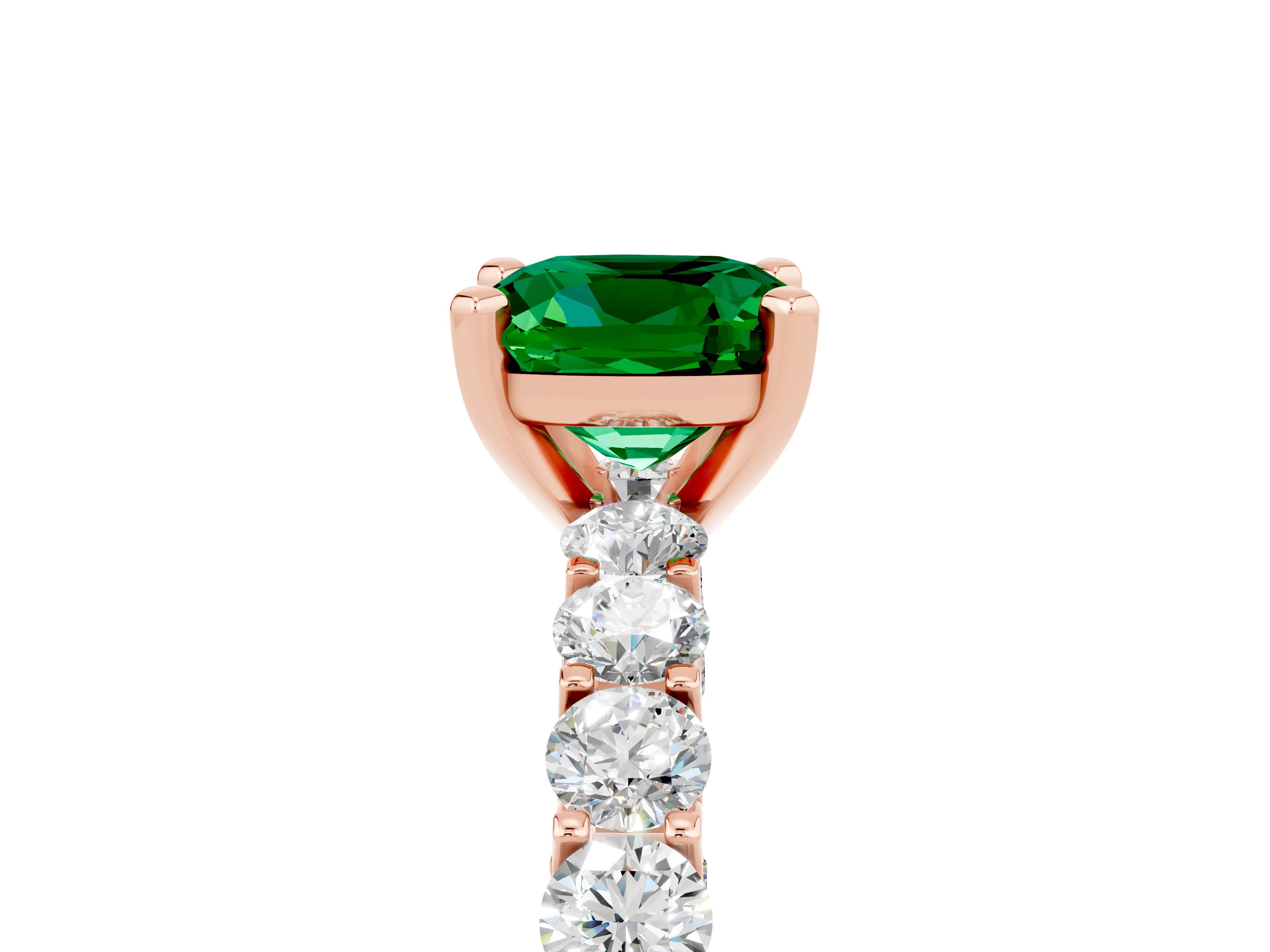 Rose gold Cushion Cut Emerald Solitaire Ring with Shared Prong Pavé Band and Four-Prong Setting_5