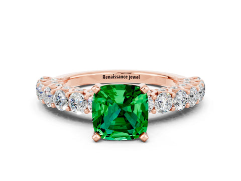 Rose gold Cushion Cut Emerald Solitaire Ring with Shared Prong Pavé Band and Four-Prong Setting