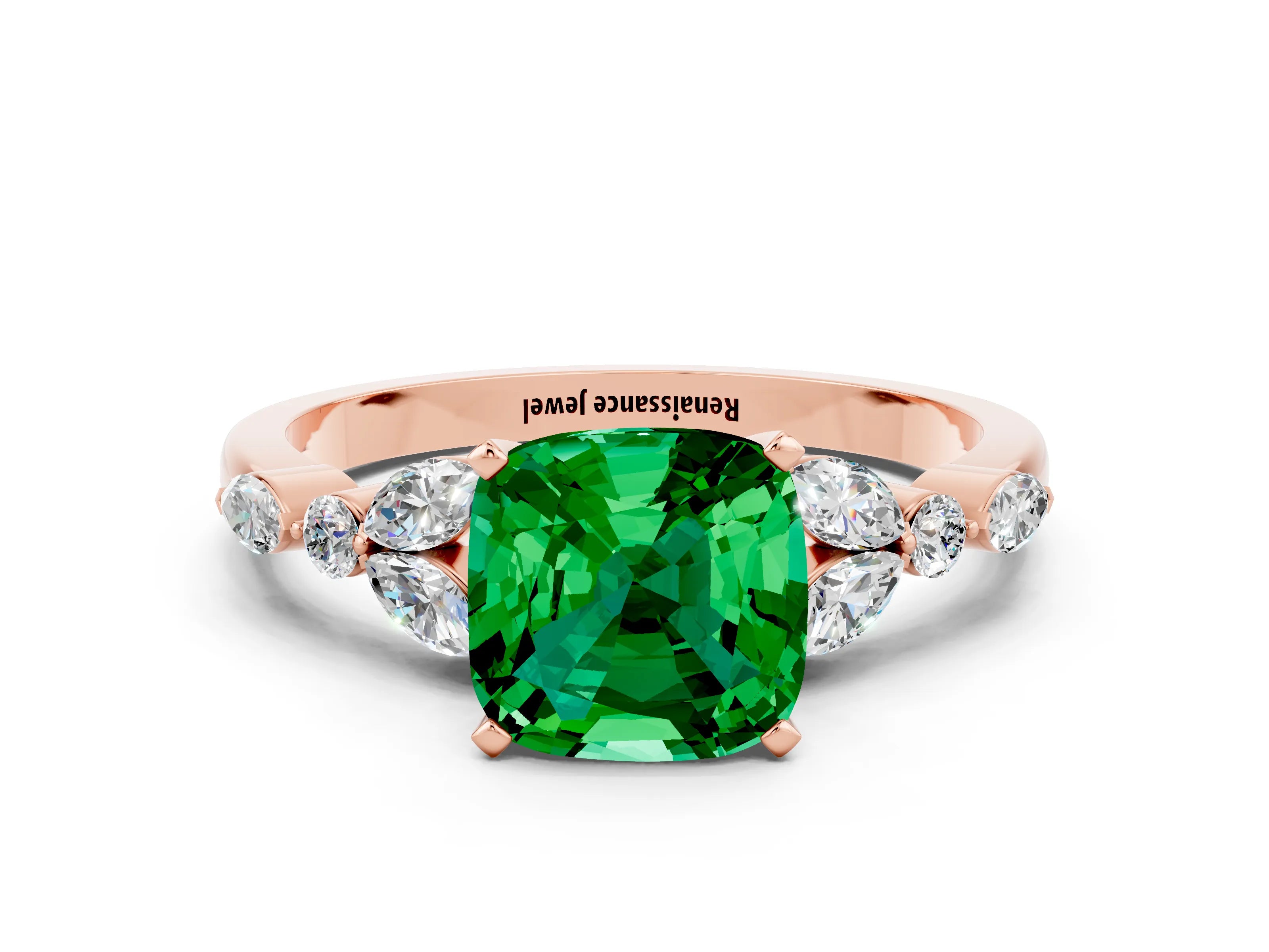 Rose gold Cushion Cut Emerald Solitaire Ring with Side Stones and Four-Prong Setting_12