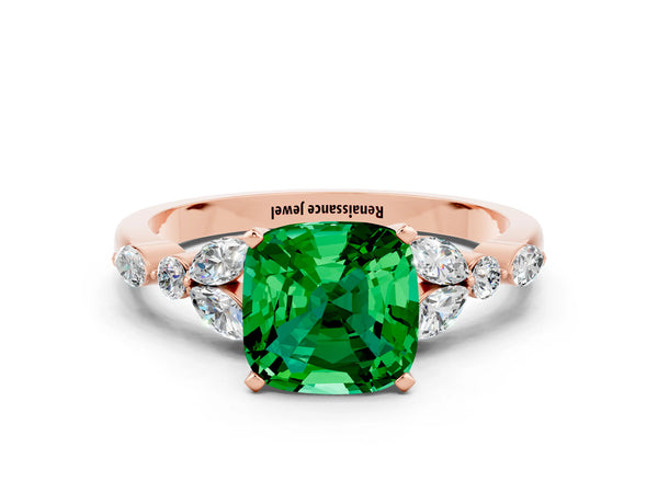 Rose gold Cushion Cut Emerald Solitaire Ring with Side Stones and Four-Prong Setting