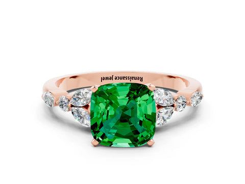 Rose gold Cushion Cut Emerald Solitaire Ring with Side Stones and Four-Prong Setting_12