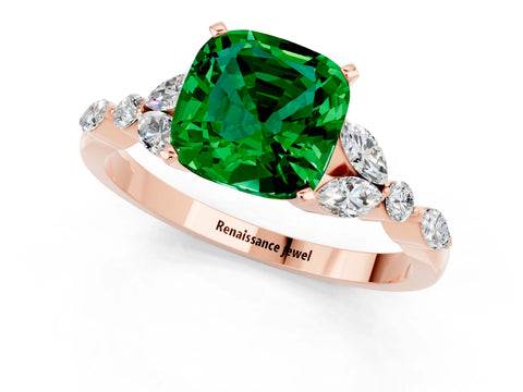 Rose gold Cushion Cut Emerald Solitaire Ring with Side Stones and Four-Prong Setting_13