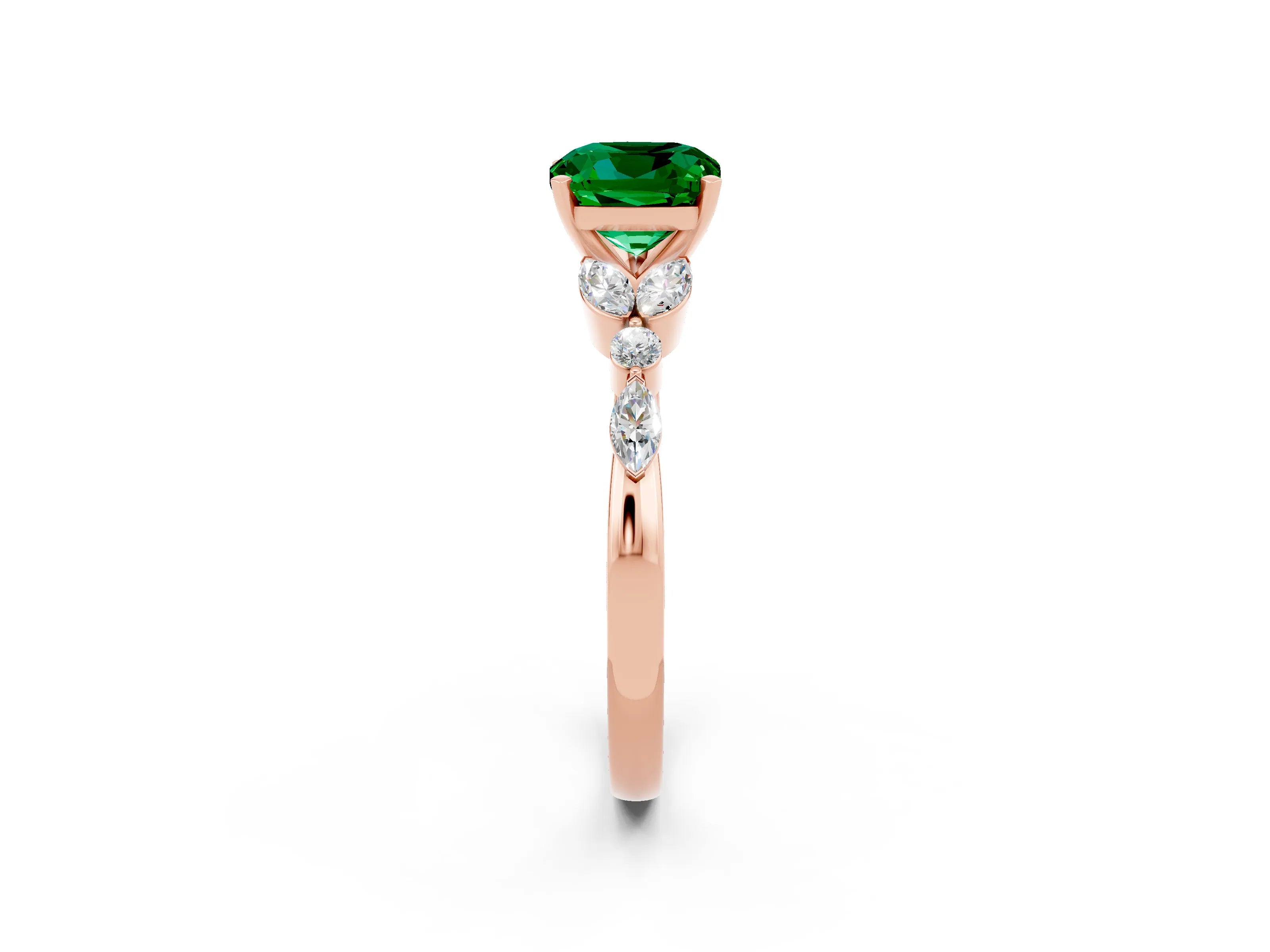 Rose gold Cushion Cut Emerald Solitaire Ring with Side Stones and Four-Prong Setting_14