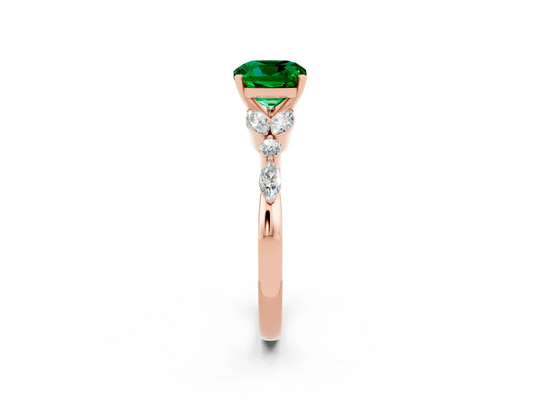 Rose gold Cushion Cut Emerald Solitaire Ring with Side Stones and Four-Prong Setting