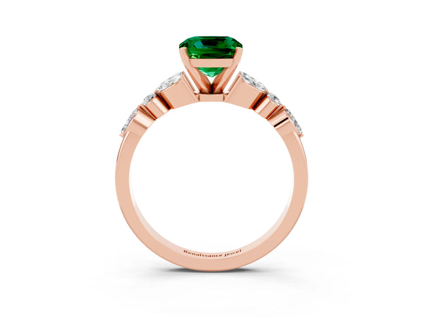 Rose gold Cushion Cut Emerald Solitaire Ring with Side Stones and Four-Prong Setting