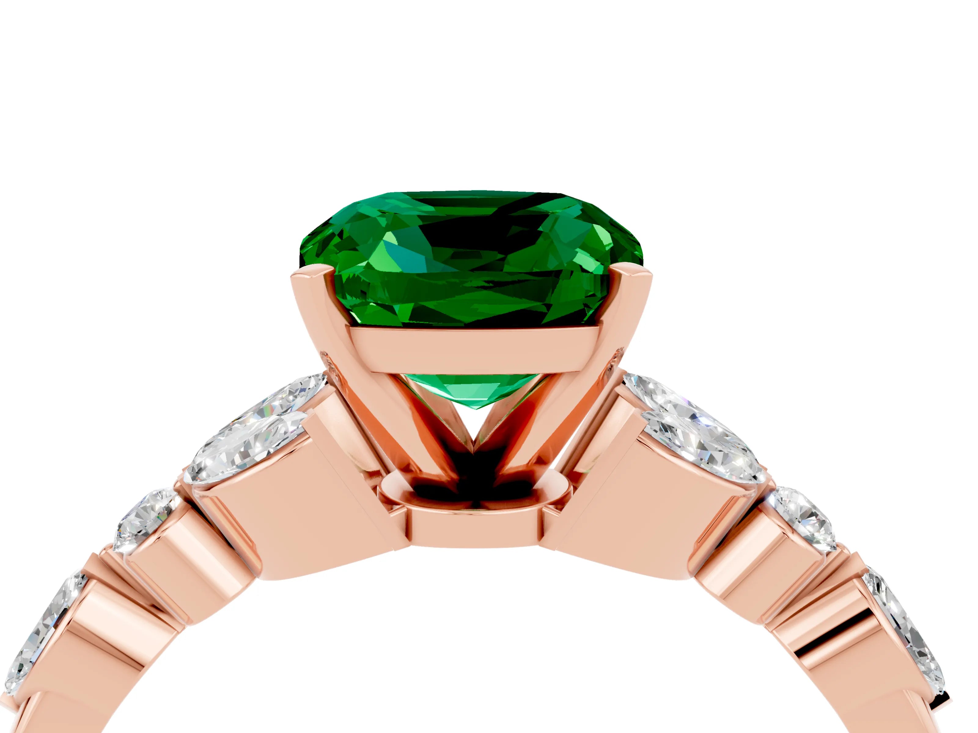 Rose gold Cushion Cut Emerald Solitaire Ring with Side Stones and Four-Prong Setting_16