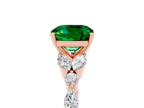 Rose gold Cushion Cut Emerald Solitaire Ring with Side Stones and Four-Prong Setting_17
