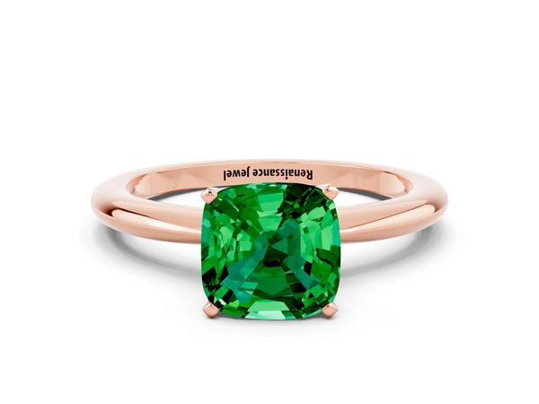 Rose gold Cushion Cut Emerald Solitaire Ring with Six-Prong Setting and Classic Band