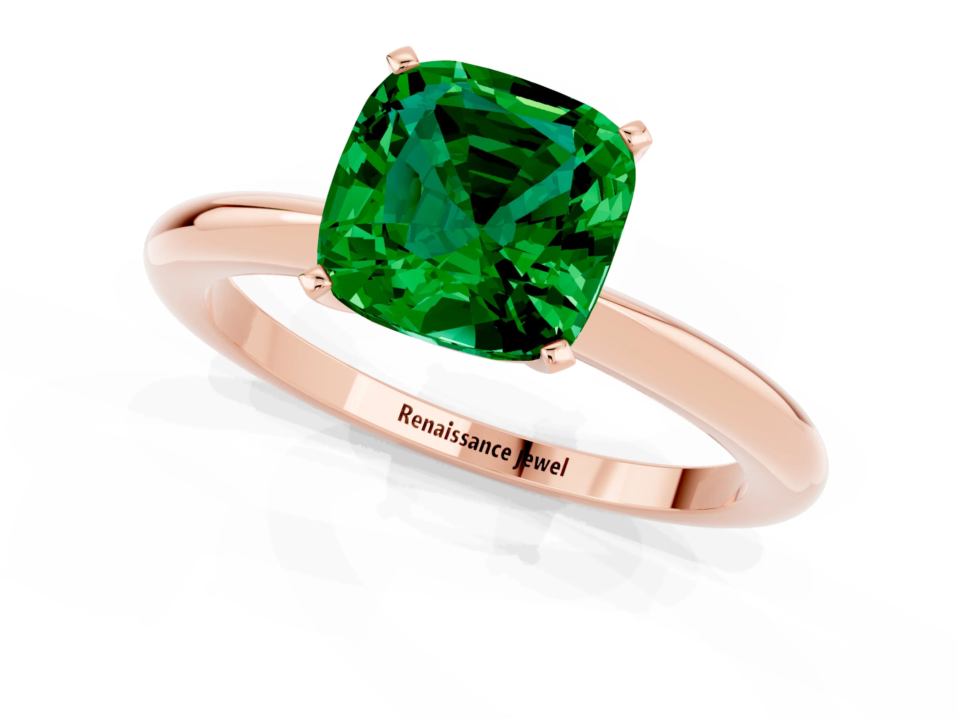 Rose gold Cushion Cut Emerald Solitaire Ring with Six-Prong Setting and Classic Band_1