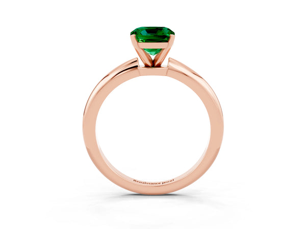 Rose gold Cushion Cut Emerald Solitaire Ring with Six-Prong Setting and Classic Band
