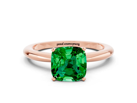 Rose gold Cushion Cut Emerald Solitaire Ring with Six-Prong Setting and Classic Band
