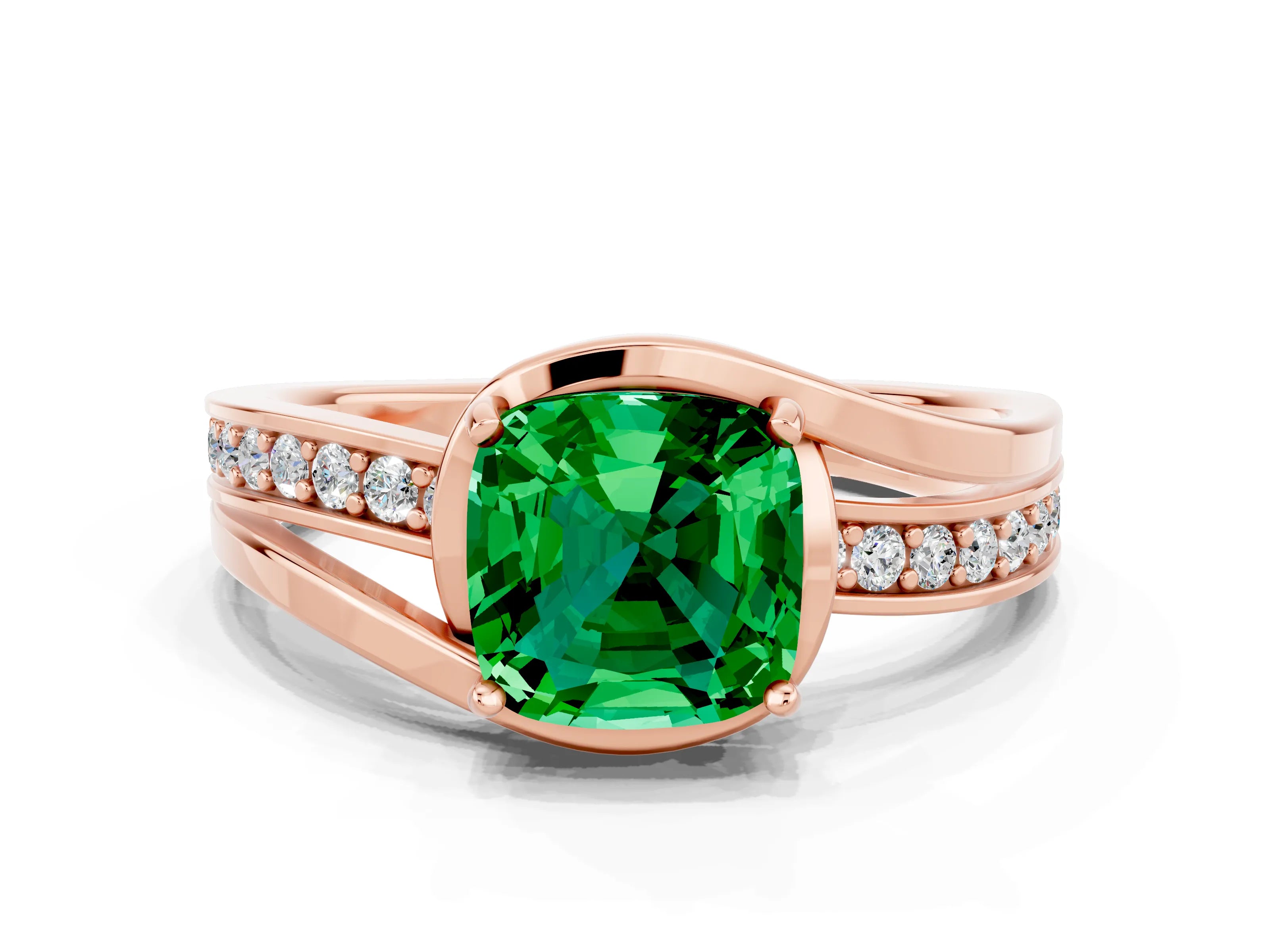 Rose gold Cushion Cut Emerald Solitaire Ring with Split Shank and Prong Setting