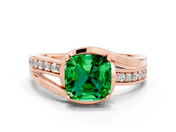 Rose gold Cushion Cut Emerald Solitaire Ring with Split Shank and Prong Setting
