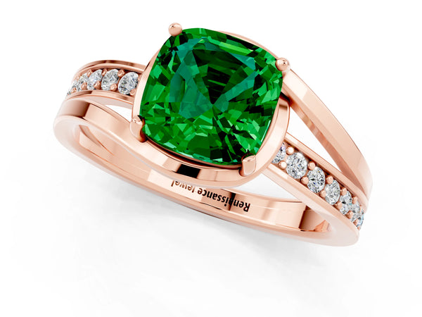 Rose gold Cushion Cut Emerald Solitaire Ring with Split Shank and Prong Setting