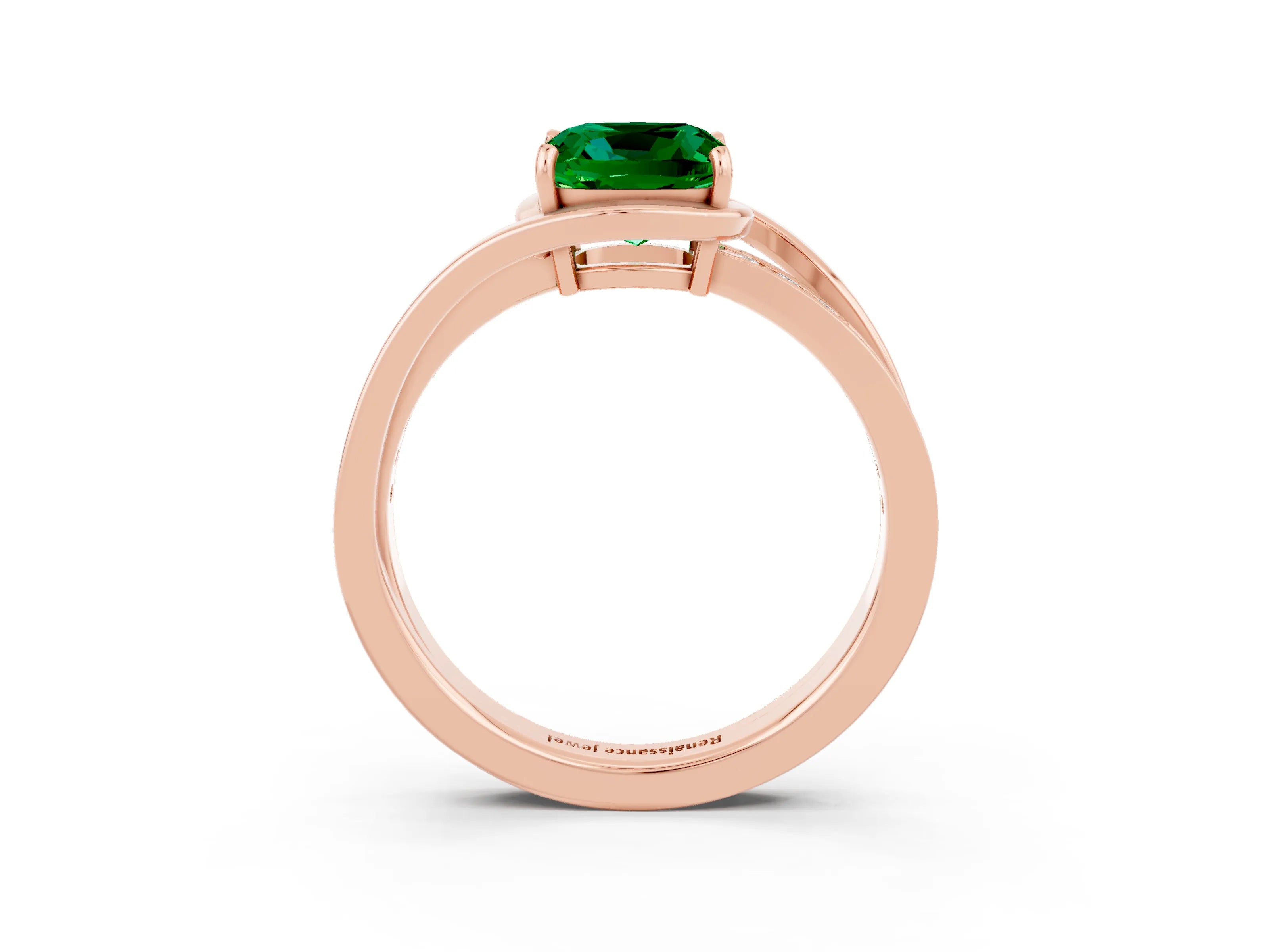 Rose gold Cushion Cut Emerald Solitaire Ring with Split Shank and Prong Setting_3