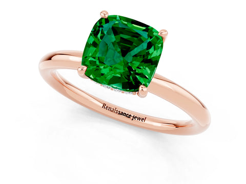 Rose gold Cushion Cut Emerald Solitaire Ring with Thin Band and Four-Prong Setting_1