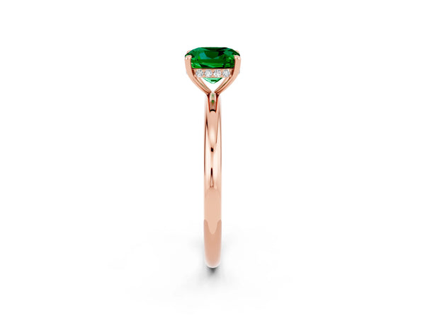 Rose gold Cushion Cut Emerald Solitaire Ring with Thin Band and Four-Prong Setting