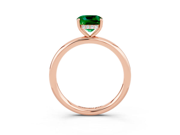 Rose gold Cushion Cut Emerald Solitaire Ring with Thin Band and Four-Prong Setting