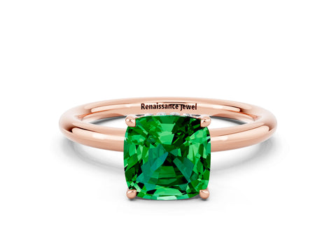 Rose gold Cushion Cut Emerald Solitaire Ring with Thin Band and Four-Prong Setting