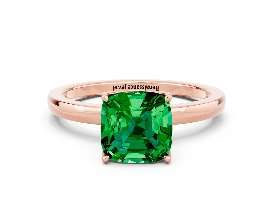 Rose gold Cushion Cut Emerald Solitaire Ring with Thin Band and Prong Setting_12