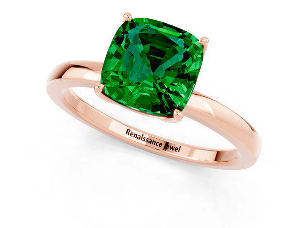 Rose gold Cushion Cut Emerald Solitaire Ring with Thin Band and Prong Setting