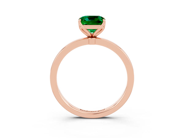 Rose gold Cushion Cut Emerald Solitaire Ring with Thin Band and Prong Setting
