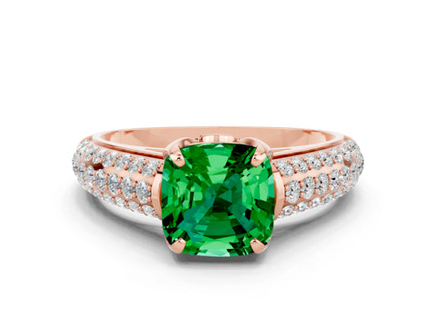 Rose gold Cushion Cut Emerald Solitaire Ring with Three-Row Pavé Band and Four-Prong Setting_12