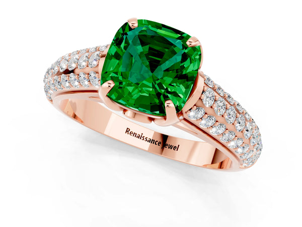 Rose gold Cushion Cut Emerald Solitaire Ring with Three-Row Pavé Band and Four-Prong Setting