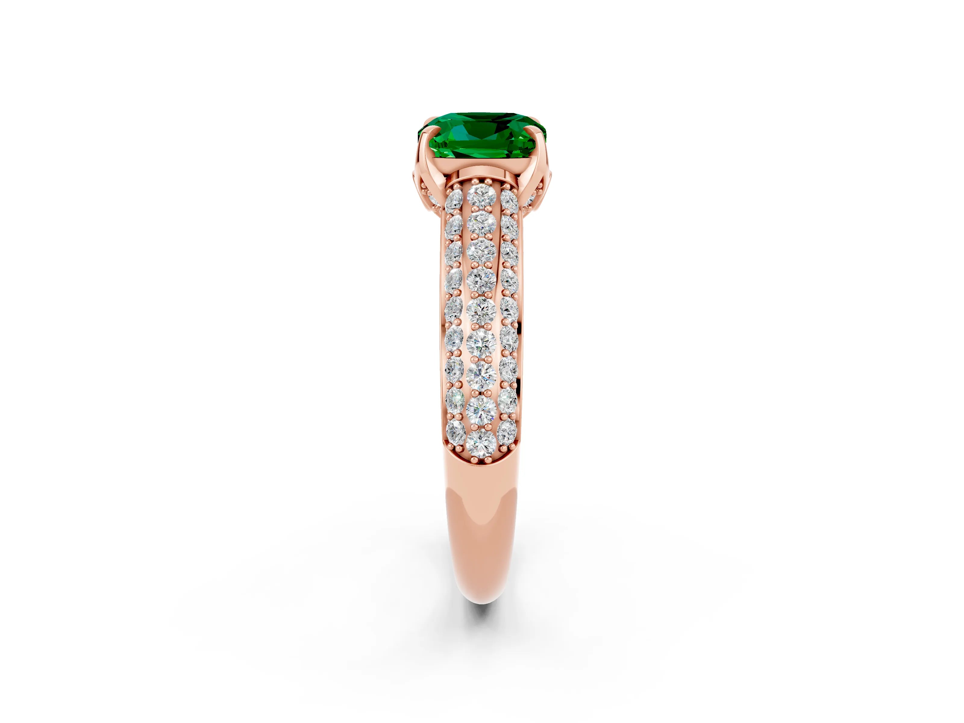Rose gold Cushion Cut Emerald Solitaire Ring with Three-Row Pavé Band and Four-Prong Setting_14