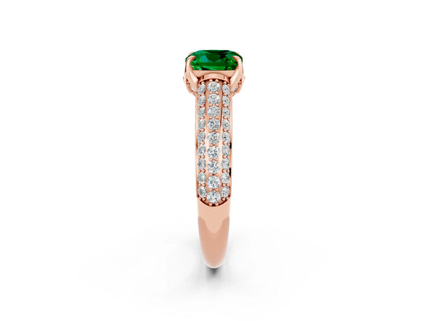 Rose gold Cushion Cut Emerald Solitaire Ring with Three-Row Pavé Band and Four-Prong Setting
