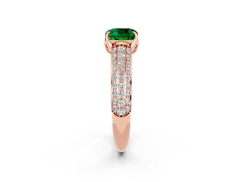 Rose gold Cushion Cut Emerald Solitaire Ring with Three-Row Pavé Band and Four-Prong Setting_14