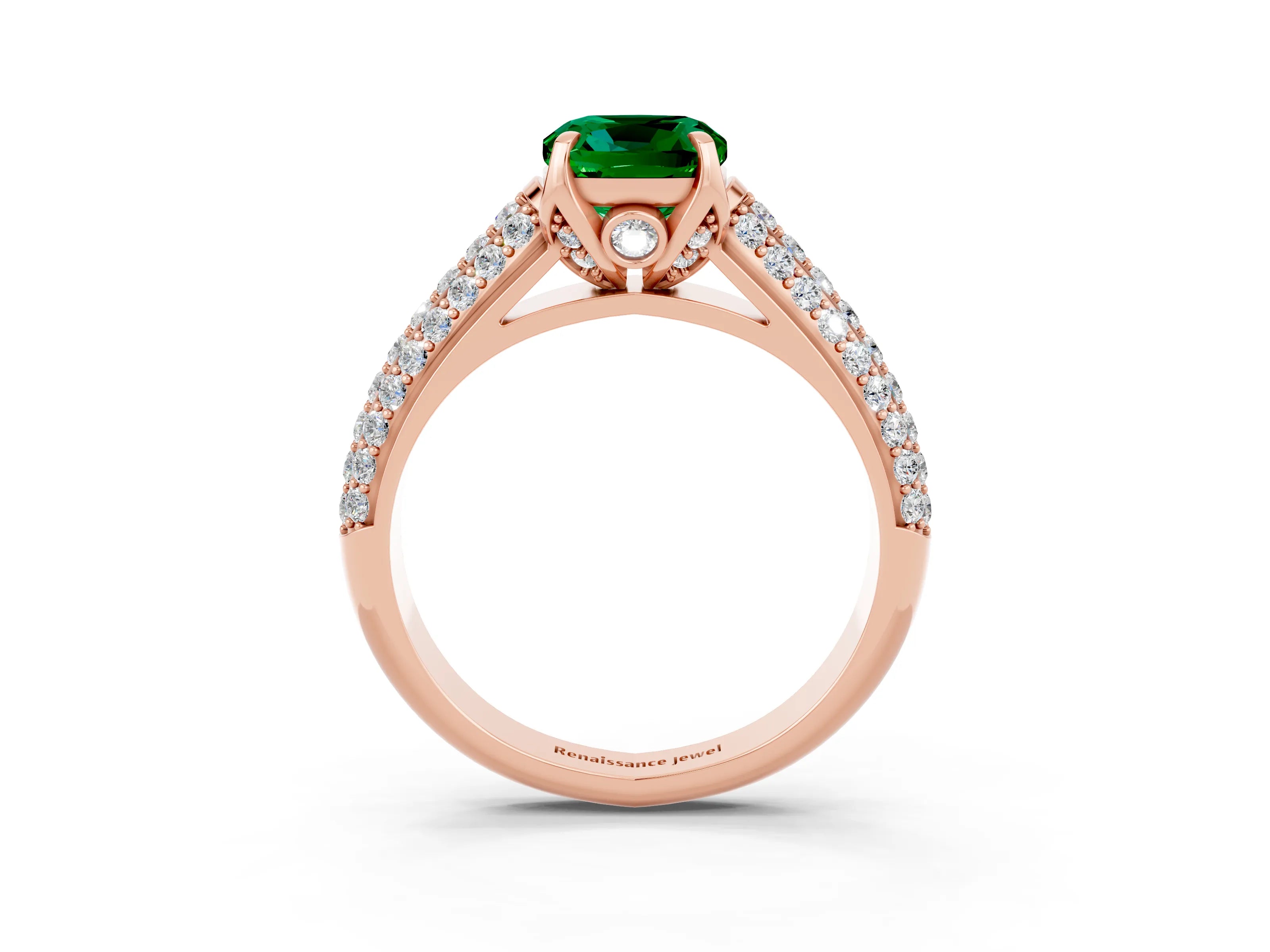 Rose gold Cushion Cut Emerald Solitaire Ring with Three-Row Pavé Band and Four-Prong Setting_15