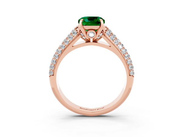 Rose gold Cushion Cut Emerald Solitaire Ring with Three-Row Pavé Band and Four-Prong Setting