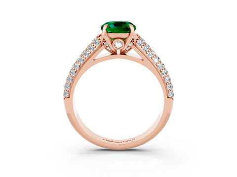 Rose gold Cushion Cut Emerald Solitaire Ring with Three-Row Pavé Band and Four-Prong Setting_15