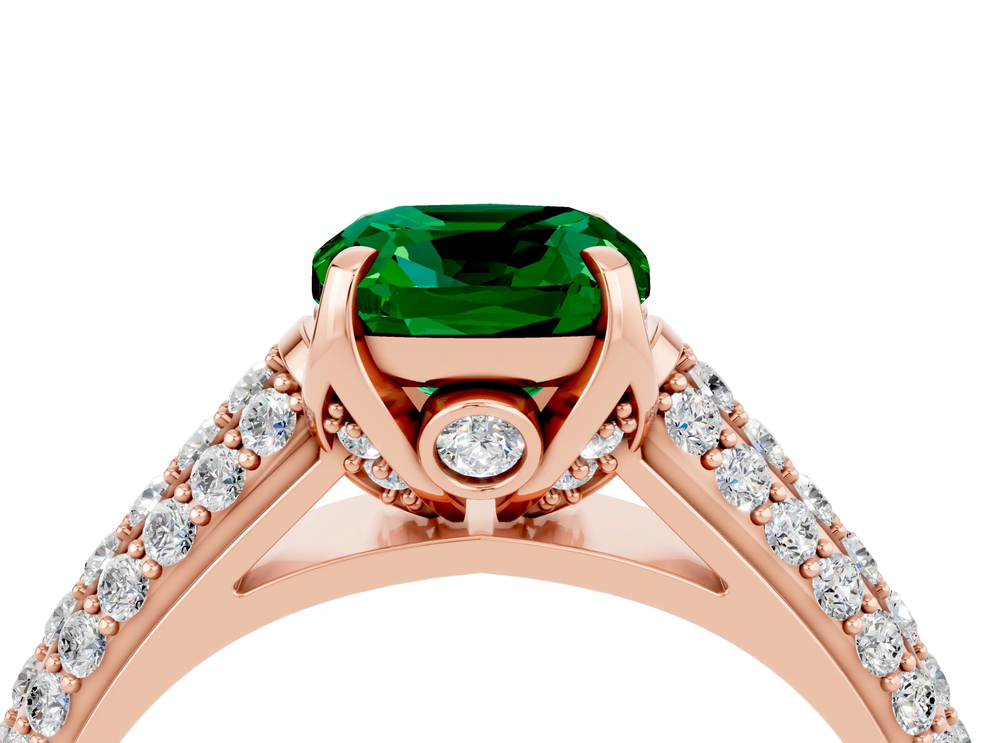 Rose gold Cushion Cut Emerald Solitaire Ring with Three-Row Pavé Band and Four-Prong Setting_16