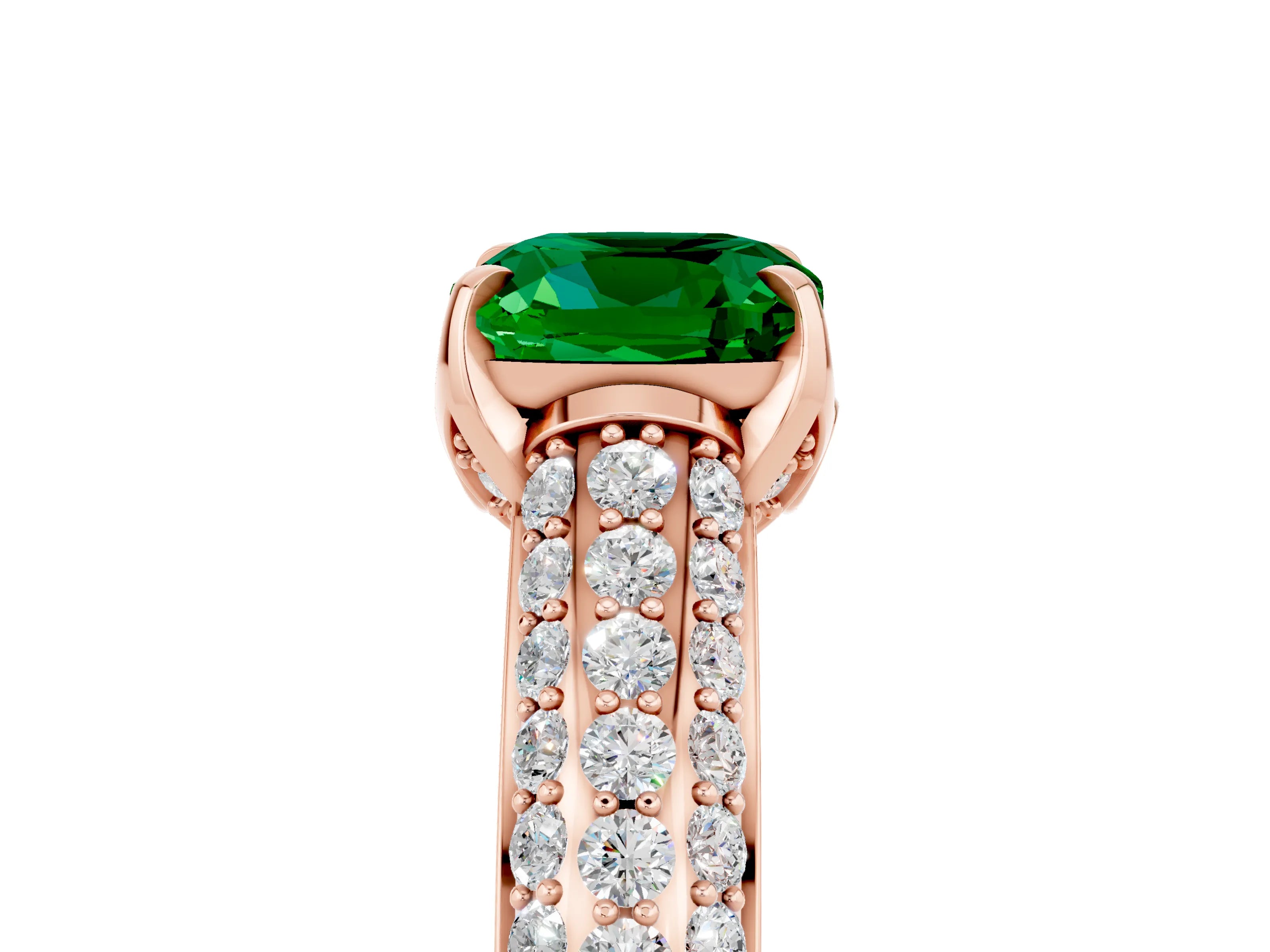 Rose gold Cushion Cut Emerald Solitaire Ring with Three-Row Pavé Band and Four-Prong Setting_17